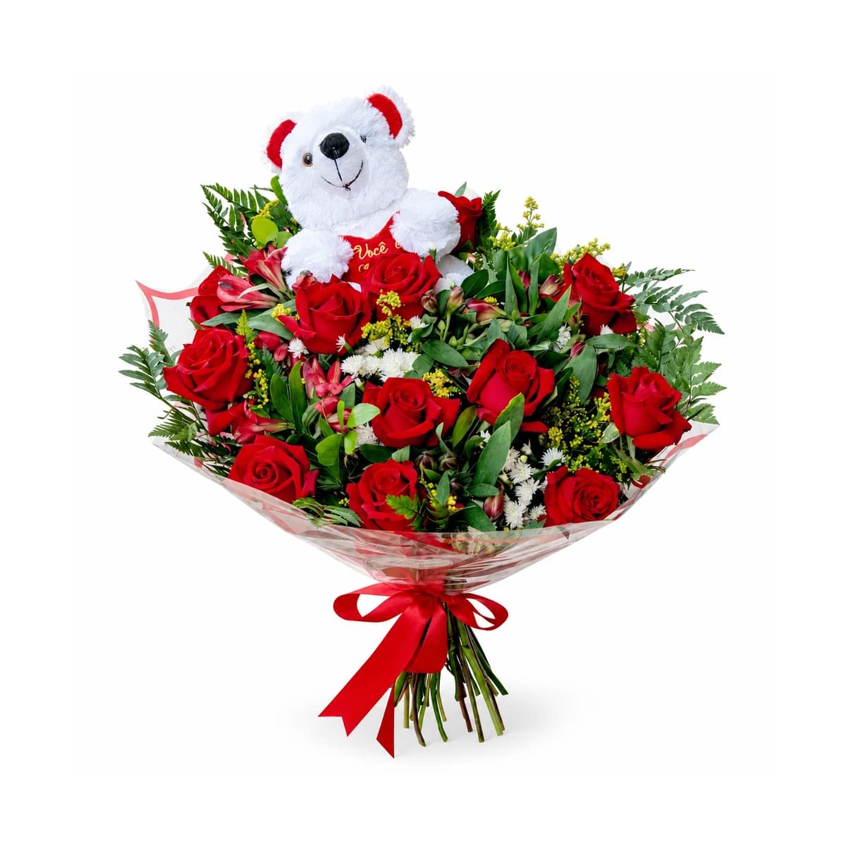 Buquê com 12 rosas com urso